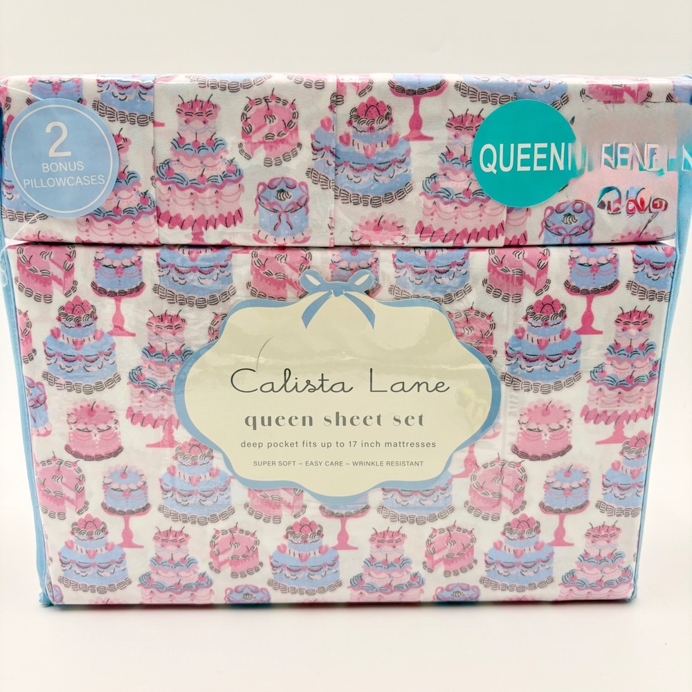 Calista Lane Queen Sheet Set Let Them Eat Cake Pink Blue 6 Piece Deep Pocket NEW